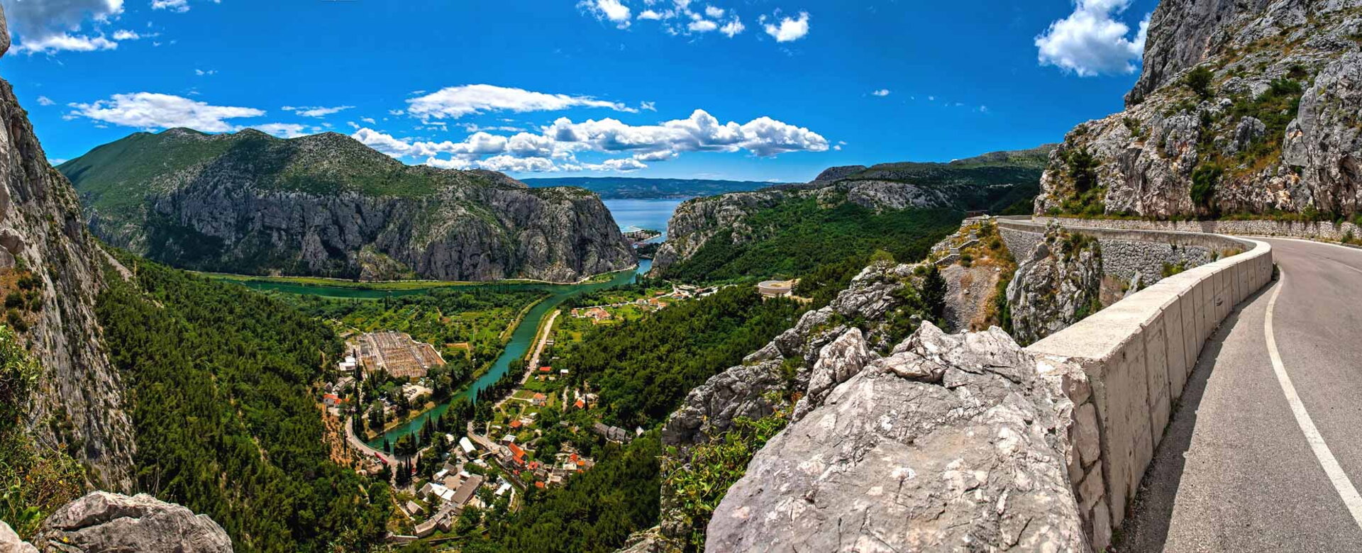 Panoramic view across the Cetina canyon towards Omiš and the Adriatic